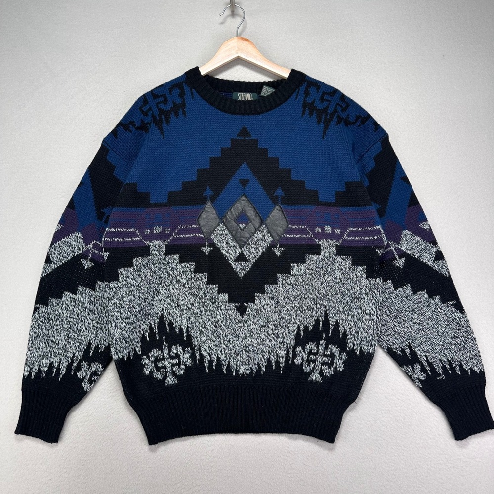 Vintage 90s Stefano Crewneck Sweater Mens Large Aztec Print Chunky Knit